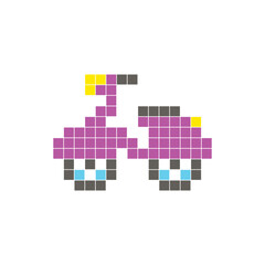 A flat pixel design made of geometric square color blocks on a clean icon layout. Pixel art scooter