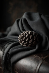 An elegant still life composition captures a pine cone resting on a textured dark scarf on a vintage leather surface. The scene evokes a sense of timeless elegance and natural simplicity.