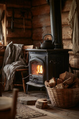 A cozy, rustic scene inside a cabin, with a glowing fireplace providing warmth and light. A teapot simmers atop a vintage stove. Wooden logs are in a woven basket.