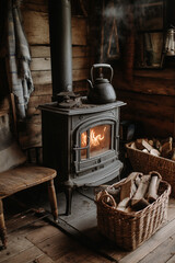 Cozy cabin interior, featuring a vintage stove with a warm fire, a steaming kettle, and neatly stacked firewood, invoking warmth and tranquility.