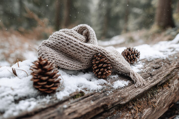 A cozy woolen scarf and pine cones are resting on a snow-covered log, creating a warm, comforting scene.