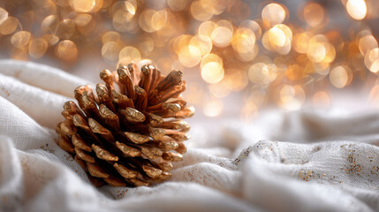 A shimmering golden pine cone rests delicately upon a soft, textured fabric, with a blurred backdrop of radiant bokeh lights creating a festive and inviting atmosphere. 