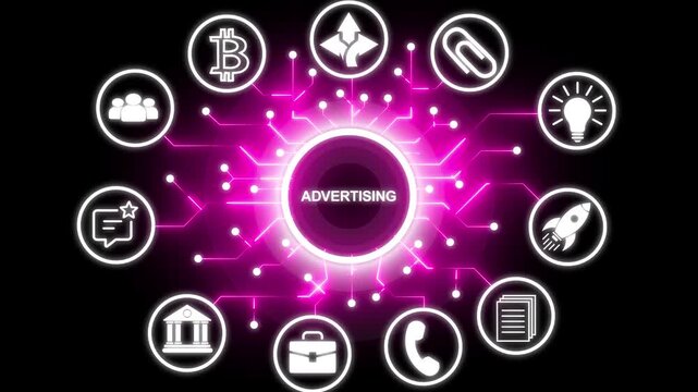 ADVERTISING concept with interconnected icons background. Successful business strategy idea concept with circuit icon. Business, modern technology, internet and networking concept.