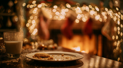 A cozy Christmas scene, a half-eaten cookie and a glass of milk sit on a table, creating a sense of anticipation and holiday warmth by a fireplace.