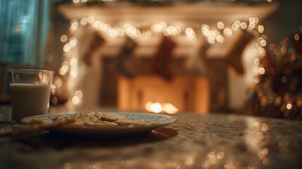 A plate of cookies and a glass of milk on a table, creating a warm, cozy holiday scene with a lit fireplace in the blurry background. 