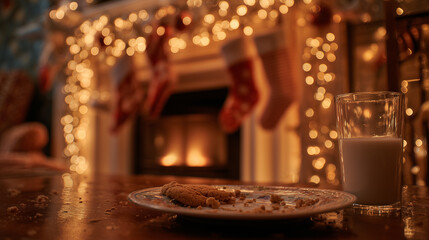 A festive holiday scene, featuring the remnants of a sweet treat and a glass of milk on a wooden surface, set against the backdrop of a cozy fireplace and twinkling lights.