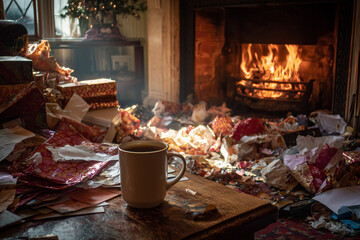 Cozy warmth with a fireplace. A scene unfolds, as a cup sits in front of fireplace and burning fire in fireplace. capturing the pure joy and triumph.