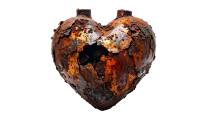 Rusting metallic sculpture in a heart shape with a large central cavity