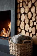 A cozy indoor scene featuring a warm fireplace, a woven basket with a soft blanket, and a decorative stack of firewood. Evokes feelings of warmth, comfort, and relaxation.