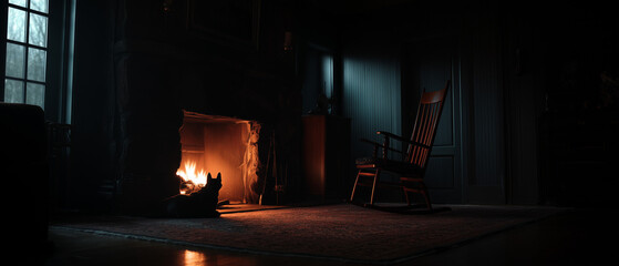 Cozy ambiance, interior shot captures the warm embrace of a lit fireplace and rocking chair. A perfect setting of solitude and serenity, casting the room in a soft, inviting glow.