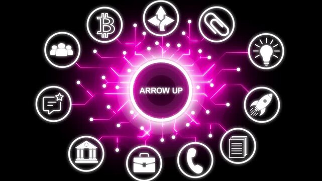 ARROW UP concept with interconnected icons background. Successful business strategy idea concept with circuit icon. Business, modern technology, internet and networking concept.