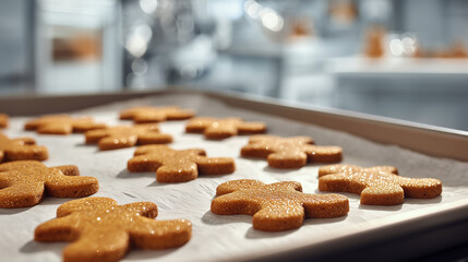 A tray of freshly baked gingerbread man cookies sits, ready for decoration, on a baking sheet inside a sunlit kitchen. A celebration of baking.