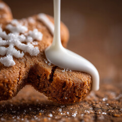 A close-up captures the delectable moment as white glaze artfully cascades onto a gingerbread cookie.