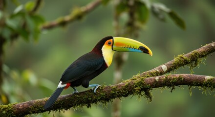 A vibrant bird with a large, colorful beak perches on a mossy branch