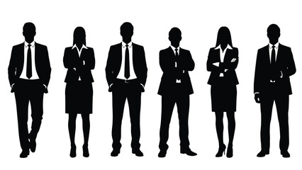 Collection of six professional business people silhouettes standing together in formal attire