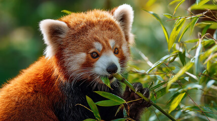 Fototapeta premium Adorable Red Panda Holding Bamboo Branch and Eating in Nature