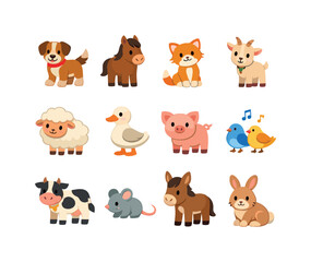 Obraz premium Rural Animal Companions. Rural Companions. Colorful flat vector icons set of Rural Companions: farm dog buddy, loyal horse, barn kitten, friendly goat, soft