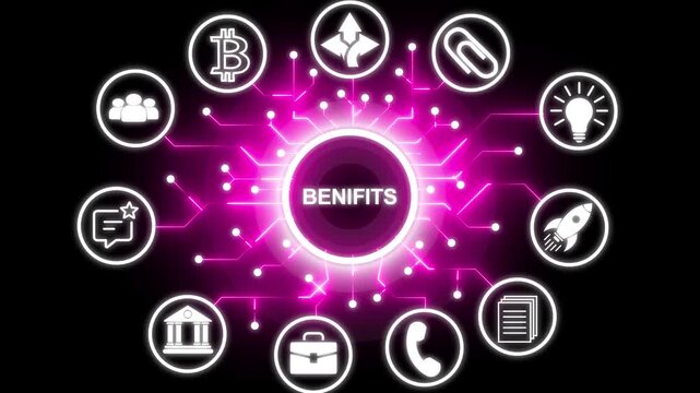BENIFITS concept with interconnected icons background. Successful business strategy idea concept with circuit icon. Business, modern technology, internet and networking concept.