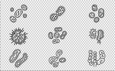 Bacteria and Virus Black Outline Icons Set &ndash; Microorganisms, Germs, Pathogens Line Vector Isolated on Transparent Background