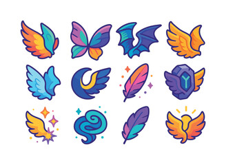 Obraz premium Mythical Wings Icons. Mythical wings. Colorful isometric vector icons set of mythical wings: phoenix wings, fairy wings, dragon-feather hybrid wings, griffin