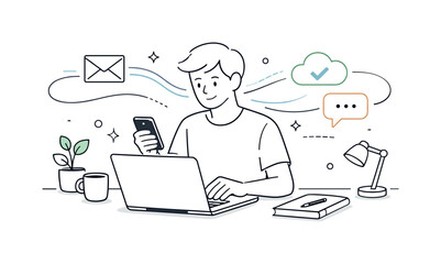 Efficient Digital Workspace. Modern office workspace. A person switching between a laptop and smartphone on a clean desk. Smooth multitasking and efficiency,