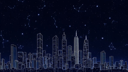 Blue City Skyline Blueprint with Celestial Constellations and Stars in Night Sky