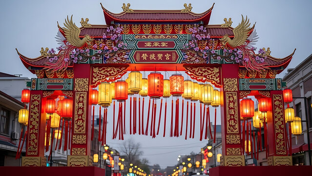 Vibrant Chinese New Year Gate illuminated with traditional red