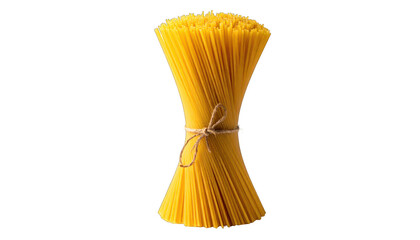A tall bundle of dry, uncooked spaghetti, tied neatly with twine against black