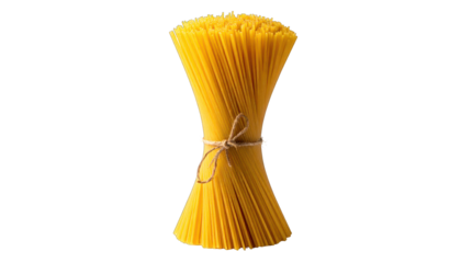 A tall bundle of dry, uncooked spaghetti, tied neatly with twine against black