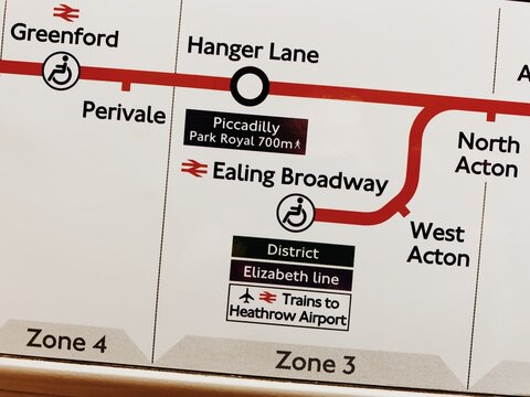 Acton, Hanger Lane, Ealing Broadway Station, Central Line Train Route Map, West London Underground Diagram, UK, 2026