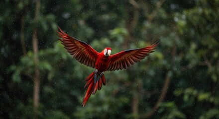 A vibrant red macaw in flight against a lush green forest background (1)