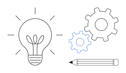 Idea generation, productivity, design thinking, innovation strategy, creative solutions, workflow improvement. Light bulb with sprouts, gears and pencil. Idea generation and productivity