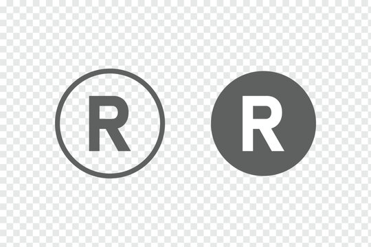 Registered trademark symbol r in circle. Intellectual property sign on transparent. Registered trademark icons set. Simple line vector illustration. Circled R symbol. Round icons with black color.