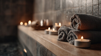 Wellness Spa Setup with Rolled Towels and Candles on Wooden Bench