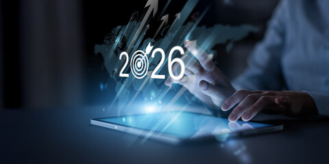 Global Growth Strategy and Future Business Targets for 2026 Illustrated on a Digital Screen.