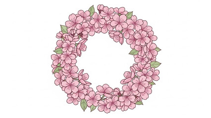 Pink Flower Wreath with Green Leaves on White Background