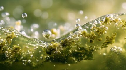 Macro photography of green algae bioplastic gel texture with air bubbles and fluid organic structure representing bio-innovation.
