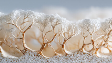 Extreme close-up of intricate white mycelium network texture representing biodegradable material innovation and nature architecture.