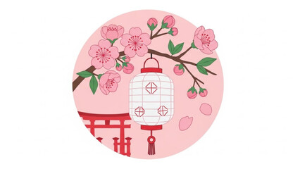 Japanese Lantern with Cherry Blossoms on Pink Background