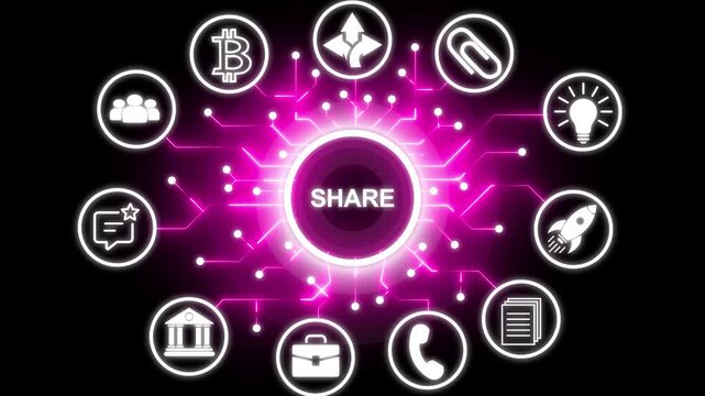SHARE concept with interconnected icons background. Successful business strategy idea concept with circuit icon. Business, modern technology, internet and networking concept.