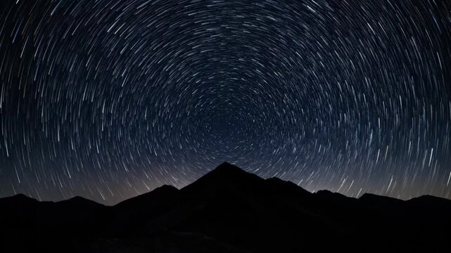 A captivating nightscape showcasing star trails swirling around a mountain silhouette. Trails create circular patterns