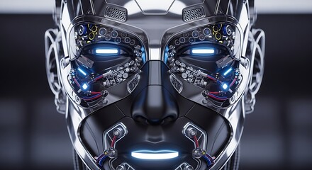 Futuristic Robot Face with Glowing Blue Eyes and Metallic Finish.