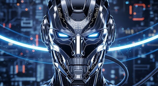 Futuristic Robot Face with Glowing Eyes and Intricate Details. - Powered by Adobe