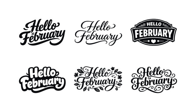 February Lettering Styles. Hello February. Set lettering. harmonious lettering variations of the same emblematic concept, each with different