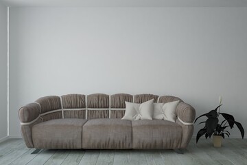 modern room with sofa with pillows and flower in flowerpot interior design. 3D illustration