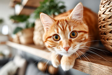 Cat jumps from shelf to sofa in minimal modern living space Generative AI