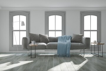 modern room with sofa,pillows, table with cups interior design. 3D illustration