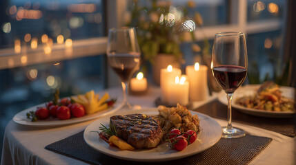 Fine Dining Steak Dinner with Wine and Candles Overlooking City
