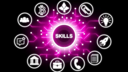 SKILLS concept with interconnected icons background. Successful business strategy idea concept with circuit icon. Business, modern technology, internet and networking concept.