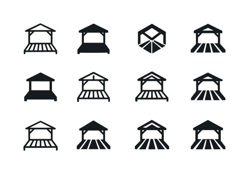 Wooden Deck Logo Variations. A wooden deck. Icon set. Set Logo of a wooden deck: outdoor deck pergola. harmonious logo variations of the same emblematic